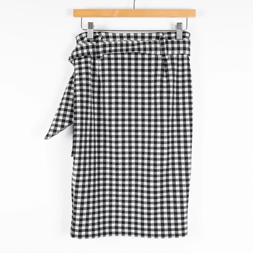 Maeve Anthropologie‎ Black White Gingham Pencil Skirt Tie Waist Women's Small